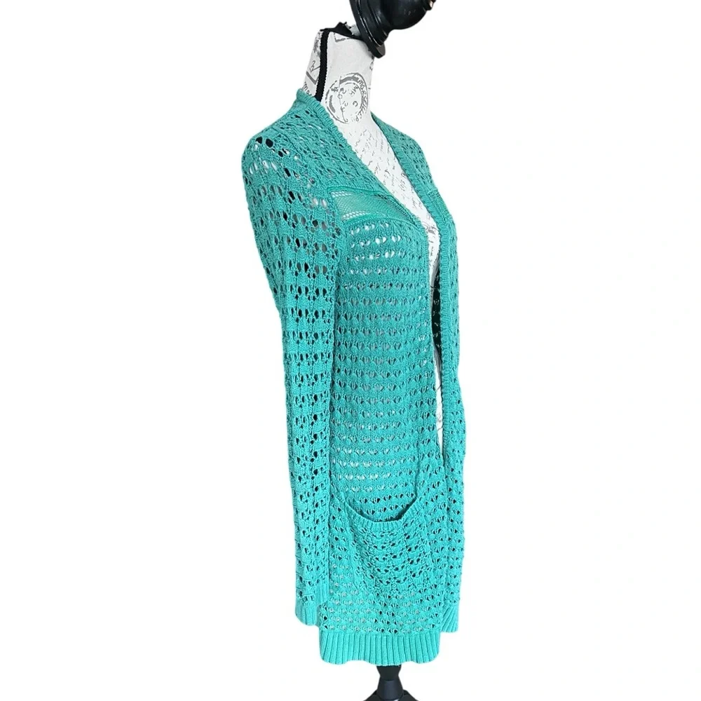 Anthropologie Far Away From Close Green Crochet long line  Cardigan Medium - Picture 4 of 6
